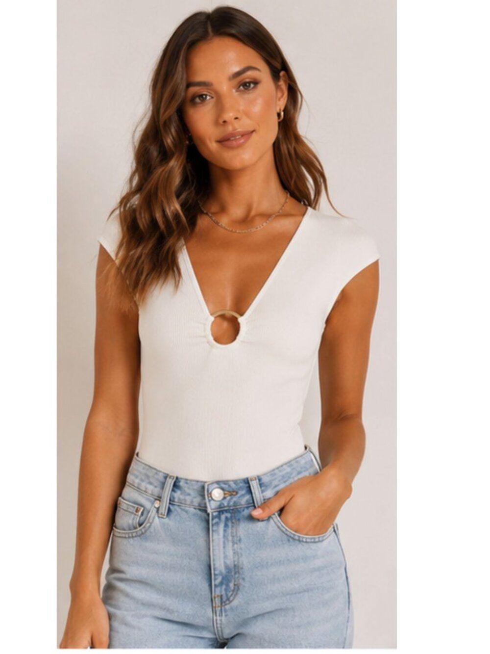 MOB Brazil Ivory Ring Detail Ribbed Bodysuit S